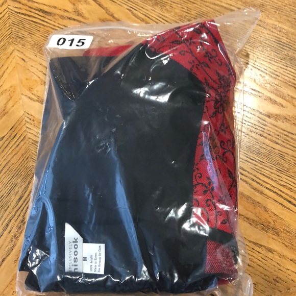 Misook Women's Medium Red Black Open Front Cardigan Sweater Stripe Floral Detail - Picture 9 of 10